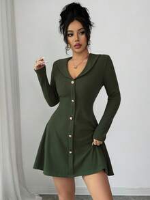 Selianne Women's Autumn New Knitted Long Sleeve Sexy Ribbed Dress - Dark Green - View 4