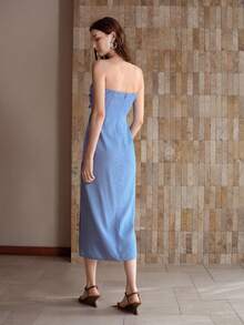 MOTF PREMIUM 纯色大蝴蝶结前开衩大腿抹胸连衣裙 - 藍色 - 查看 4