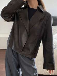 DAZY 女士休闲PU皮夹克，常规版型，秋季女式外套 - 咖啡棕 - 查看 5