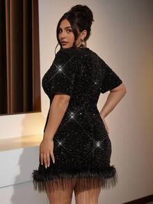 SHEIN BAE Plus Size Women Black Sequin Embellished Short Sleeve Dress,Winter Dress Women,One-Piece Dress Ladies Autumn Winter,Elegant Party Dresses,Formal Dresses For Women,Wedding Dress,Fall Clothes Plus Size,Plus Size Woman Dresses,Dresses For Ladies Summer,Birthday Outfits For Women, Black Sparkly Dress, Sequin Dress,Valentine's Day,Valentine Outfits For Women - Black - View 5