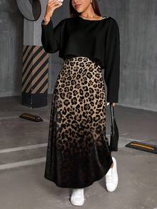 SHEIN Essnce 两件套加大码女式渐变豹纹印花休闲圆领长袖T恤和吊带裙，秋冬款 - 彩色 - 查看 7