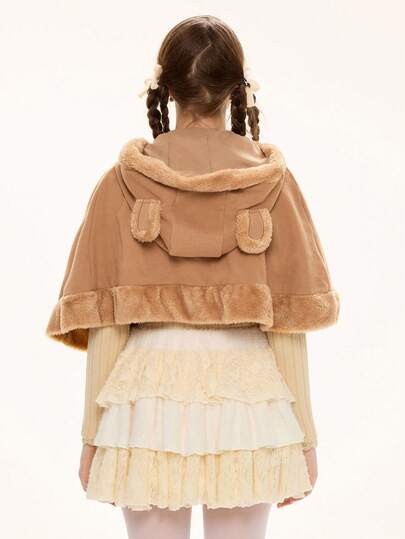 Kawaii Women's Cute Teddy Bear Patchwork Wool Blend Hooded Cape, Brown