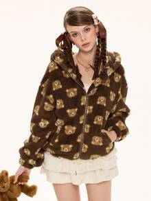 ROMWE Kawaii Cute Bear Double-Sided Fleece Print Hooded Jacket With Bear Ears Zipper Front For Women, Long Sleeve