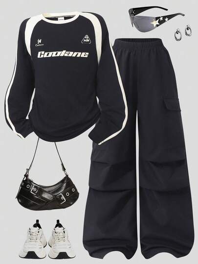 Sparklyn 两件套少女套装，黑色杏色撞色拼接长袖插肩上衣 + 多口袋直筒工装裤，英文字母印花，实用工装口袋，宽松版型，街头风，休闲/日常百搭，时尚撞色设计