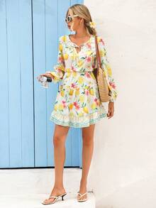 Vivid Eden Spring/Summer Outings, Holiday Dates, Spring/Summer Casual Vacation V-Neck Tie-Waist A-Line Fruit Print Long Dress, Holiday Summer Beach Dress, Back To School Outfit, Very Simple Outfit, Women's Country Style, Office Wear, Old Money Style, Teacher's Outfit, Date Outfit, Graduation Season, Women's Dresses, Spring/Es, Long-Sleeved Dresses Lemon Dress Women Boho Summer Dress Women Women Vacation Dress - Multicolor - View 5