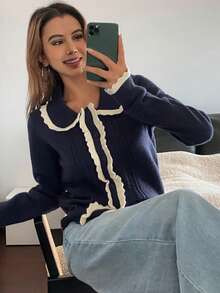 Livesso Women's Ruffled Collar Cardigan, Autumn/Winter - Navy Blue - View 6