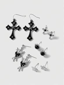 ROMWE Goth 6 对哥特式十字架、向日葵、五角星、新月、乌鸦、五角星、骷髅设计万圣节时尚耳环套装 - 彩色 - 查看 14