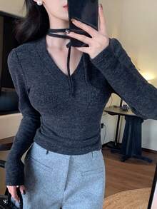 DAZY Women's Elegant V-Neck Tie-Up Casual Puff Sleeve T-Shirt