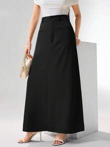 Heiryn 女士纯色口袋拉链优雅半身裙 - 黑色 - 查看 4