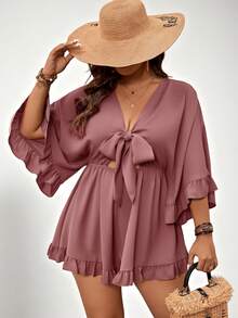 SHEIN VCAY Bộ đồ liền thân tay cánh dơi màu trơn cỡ lớn, viền bèo nhún, thắt eo - Bụi tím - Xem 4