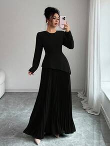 Elenzga Váy xếp ly cổ tròn tay dài nhiều lớp màu xanh ô liu không đối xứng, thanh lịch, đa năng, mùa thu/đông - màu đen - Xem 3