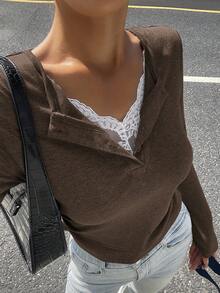 女士蕾丝拼接V领修身罗纹长袖T恤 - 棕色 - 查看 1