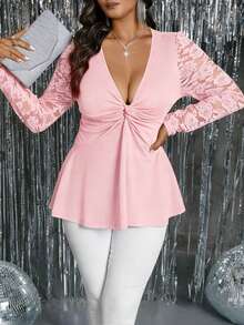 Rometta Women's V-Neck Lace Patchwork Ruffle Sleeve Blouse - Pink - View 3