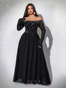 Viva Relle Plus Size Women's Elegant Black Autumn Formal Evening Beaded Off Shoulder Chiffon Patchwork Long Sleeve Flowing Maxi Dress For Prom Gown - Black - View 5