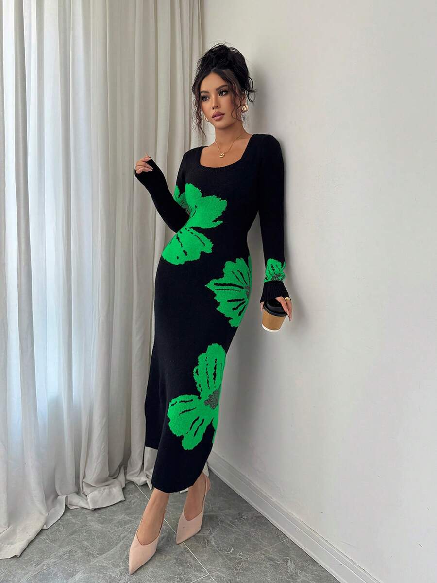 Elenzga Square Neck Jacquard Knit Bodycon Waist Sweater Dress - Green - View 1