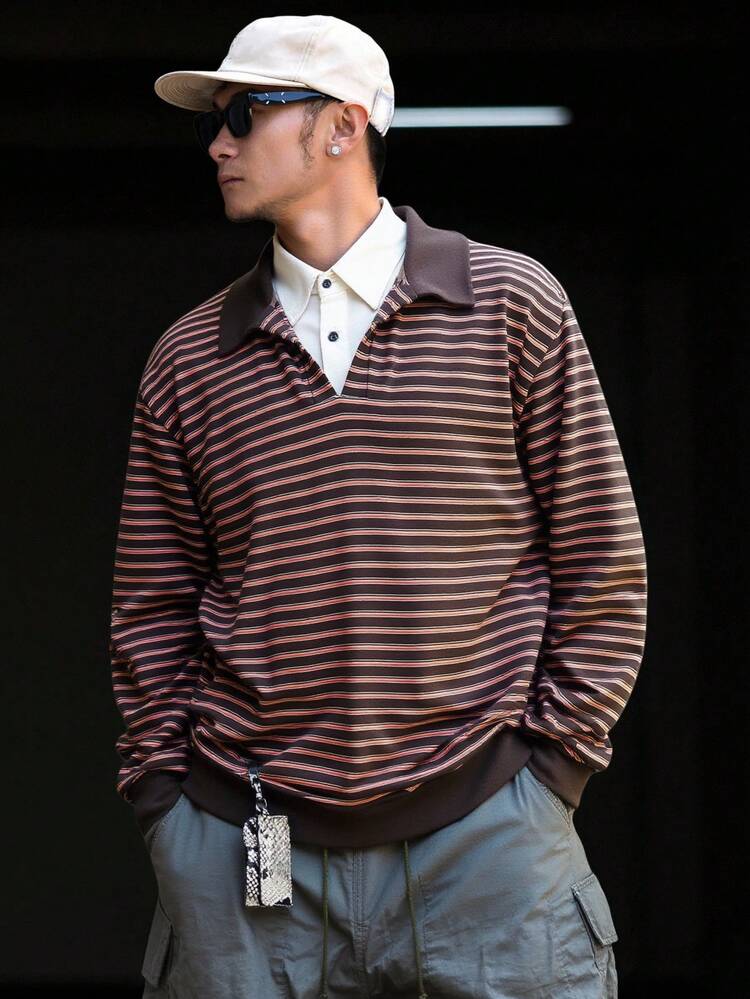 Men's Striped Fabric Splicing Collar Design Polo Shirt, Autumn