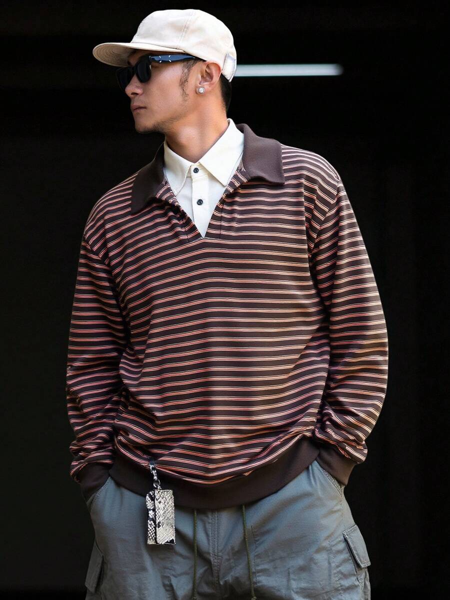 DAZY Herren Poloshirt mit gestreifter Stoff-Einsatz Kragen Design, Herbst