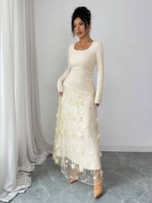 Elenzga Đầm suông họa tiết hoa 3D màu trơn thanh lịch, thoải mái, quyến rũ, cổ điển, lãng mạn, ngày lễ, nhẹ nhàng, tay dài, cổ tròn, ôm sát, dáng chữ A, viền phồng - Màu be - Xem 3