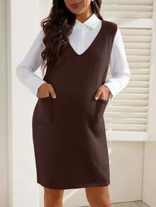 SHEIN Gaun Rajut Tanpa Lengan Warna Polos Kasual untuk Ibu Hamil, Musim Gugur/Dingin - Coffee Brown - View 4