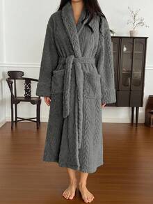 DAZY Women's Minimalist Textured Fleece Long Fluffy Robe, Winter Loungewear
