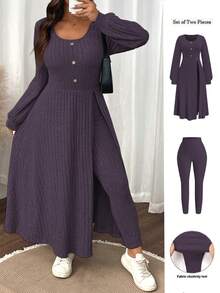 SHEIN LUNE Plus Size Women Solid Color Fuzzy Ribbed Minimalist Casual Autumn/Winter Top And Slim Fit Pants Set - Purple - View 1