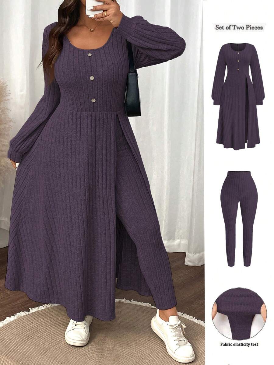 SHEIN LUNE Plus Size Women Solid Color Fuzzy Ribbed Minimalist Casual Autumn/Winter Top And Slim Fit Pants Set - Purple - View 1