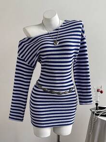 Elamini Blue & White Striped Knit Textured Fabric Asymmetric Shoulder Collar Dropped Shoulder Long Sleeve Cinched Waist Bodycon Mini Dress, Women Autumn/Winter Fashion, Suitable For Commute, Office, Elegant, School, Party, Date, Everyday Wear, Versatile - Multicolor - View 1