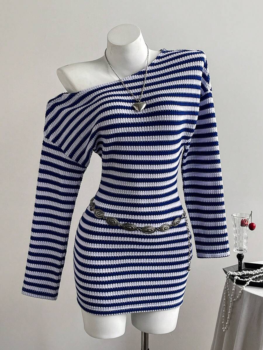 Elamini Blue & White Striped Knit Textured Fabric Asymmetric Shoulder Collar Dropped Shoulder Long Sleeve Cinched Waist Bodycon Mini Dress, Women Autumn/Winter Fashion, Suitable For Commute, Office, Elegant, School, Party, Date, Everyday Wear, Versatile - Multicolor - View 1