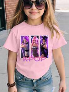 SHEIN Young Girl Summer Casual Portrait & Letter Graphic Round Neck Short Sleeve T-Shirt