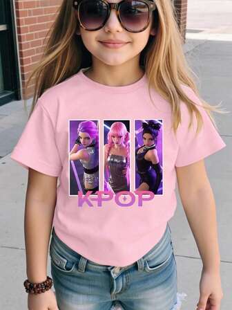 SHEIN Camiseta de manga corta con cuello redondo, estampado de retrato y letras, de estilo casual de verano para niña joven