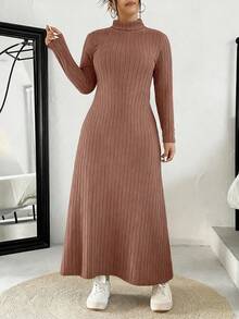 SHEIN EZwear Plus Size Women's Casual Everyday Commute Simple Solid Color Ribbed Knit Turtleneck Long Sweater Dress, Autumn/Winter - Khaki - View 1