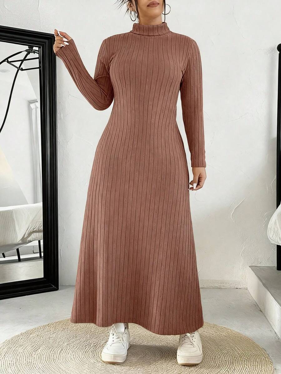 SHEIN EZwear Plus Size Women's Casual Everyday Commute Simple Solid Color Ribbed Knit Turtleneck Long Sweater Dress, Autumn/Winter - Khaki - View 1