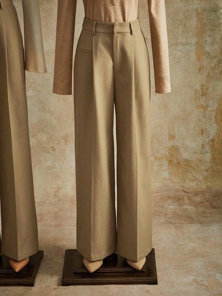 Elegant High-Waisted Design Pocket Khaki Women's Straight Leg Pants, Solid Color Trousers, Suitable For Petite, Fall, Winter, Summer, Spring, New Year, Party, Wedding, Elegant, Chic, Stylish, Business Casual