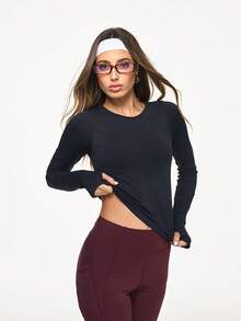 Eassivo Eassivo 女式纯色圆领长袖休闲健身运动T恤 - 黑色 - 查看 5