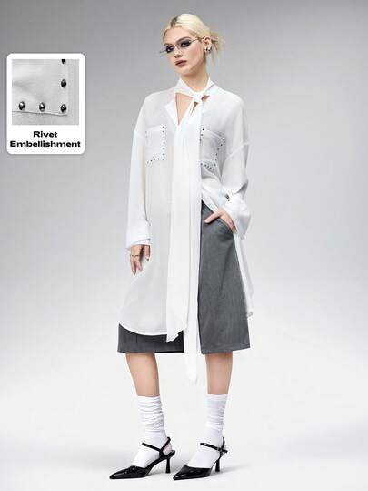 Gothic Stil Nieten Dekor Chiffon Bluse mit asymmetrischem Saum und Puffärmeln für Frauen