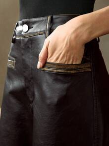 Anewsta Petite Women's Elegant & Fashionable Leather Pants, Autumn/Winter - Black - View 2