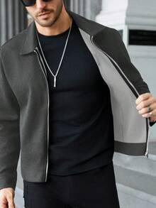 Manfinity CasualCool Áo khoác nam trơn màu có khóa kéo thường ngày, áo khoác crop mùa thu/đông cho nam, áo khoác nam, áo khoác mùa hè cho nam, áo khoác nam dài tay có khóa kéo thường ngày - Xám - Xem 5