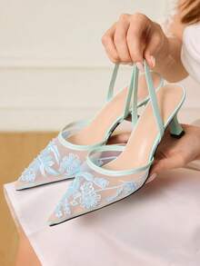 CUCCOO HITCHD Giày cao gót dự tiệc họa tiết hoa đen thời trang dành cho nữ - Màu xanh nhạt - Xem 1