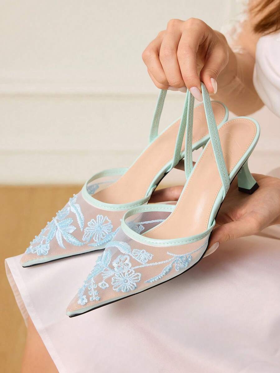 CUCCOO HITCHD Giày cao gót dự tiệc họa tiết hoa đen thời trang dành cho nữ - Màu xanh nhạt - Xem 1