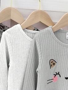 SHEIN 5pcs Young Girls Cute Ribbed Cat Embroidery + Leopard Print Round Neck Long Sleeve T-Shirts