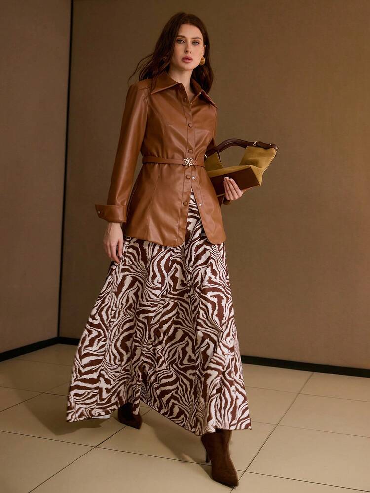 WOMEN'S SOLID COLOR FAUX LEATHER SHIRT COLLAR CINCHED WAIST ELEGANT LONG SLEEVE JACKET WITH BELT