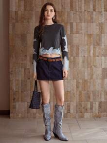 MOTF PREMIUM CONTRAST LACE ROUND NECK CROP SWEATER - Grey - View 1