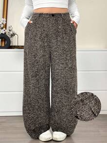 SHEIN EZwear Braune karierte Wollanzughose in Große Größen, Herbst/Winter - Braun - Übersicht 1