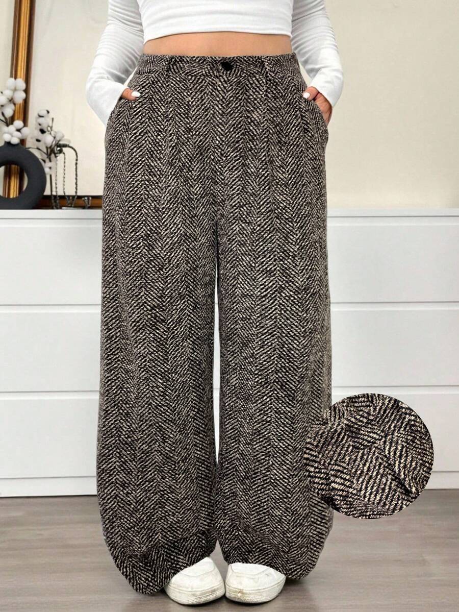 SHEIN EZwear Braune karierte Wollanzughose in Große Größen, Herbst/Winter - Braun - Übersicht 1