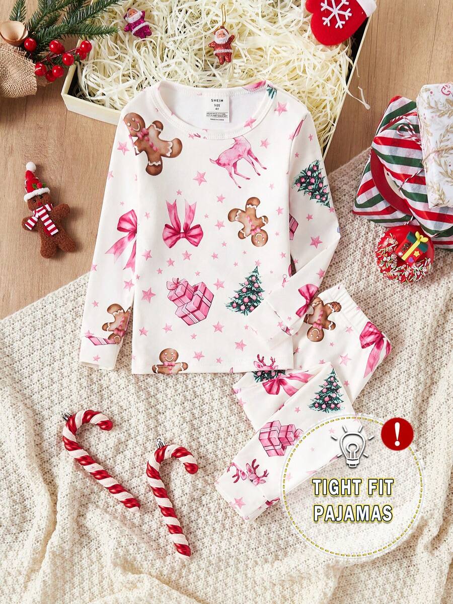 Mädchen Weihnachts-Hirsch, Weihnachtsbaum, Weihnachtsgeschenk, Weihnachtsschleife, Lebkuchen-Element Crew Neck Langarm Hose Pyjama Set, geeignet für Weihnachtsferien Zuhause - Verschiedenfarbig - Übersicht 1