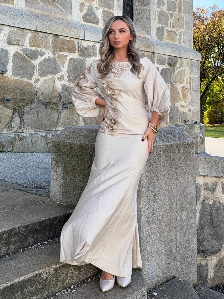 Jeta Ari Off-Shoulder Embroidered Linen Dress For Women - Apricot - View 1