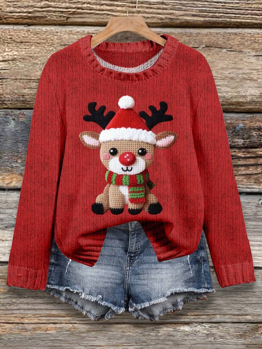 EMERY ROSE Women's Casual Red Knit Pullover Sweater, Suitable For Autumn/Winter, Suitable For Christmas, Christmas Reindeer Print - Multicolor - View 1