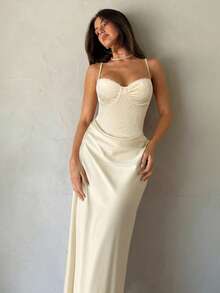 Aloruh Váy đuôi cá dài ôm sát không dây phối ren chắp vá cho nữ, gợi cảm cho mùa cưới, xuân/hè - Màu be - Xem 3