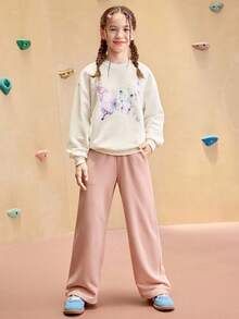 JNSQ Ensemble de 2 pièces pour préadolescentes : Sweat-shirt-shirt ample à col rond avec imprimé papillon + Pantalon de jogging à jambe droite décontractée, convient pour l'automne, l'hiver, le port quotidien, les activités extérieures, les vacances, le streetwear, les fêtes et les tenues décontractées