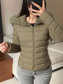 DAZY Áo khoác đệm cổ lông vá dành cho nữ, Thu/Đông - xanh quân đội - Xem 5